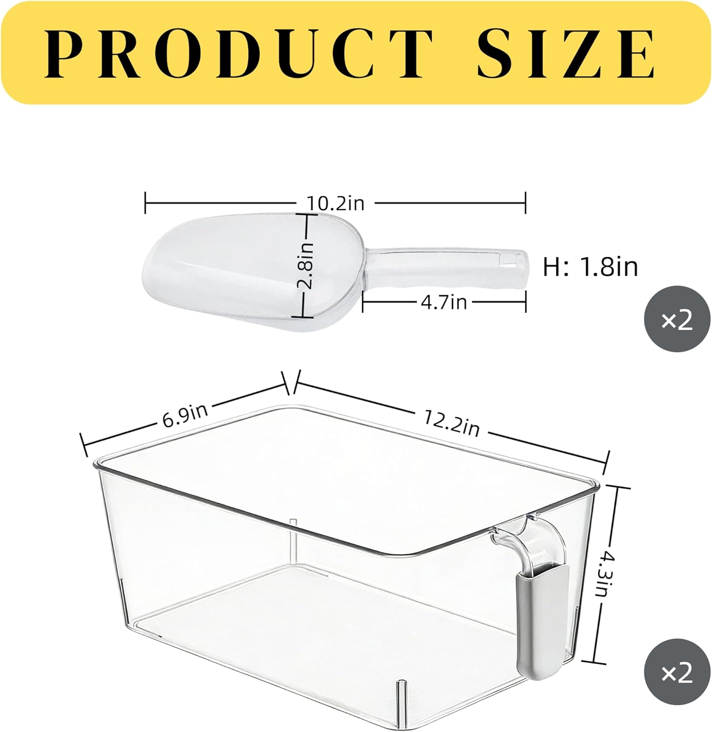2-Pack Clear Gray Ice Storage Bins with 2 Thickened Scoops, Durable Freezer Containers with Handles, Space-Saving Kitchen Organizer, 12.2 x 6.9 x 4.3 Inches