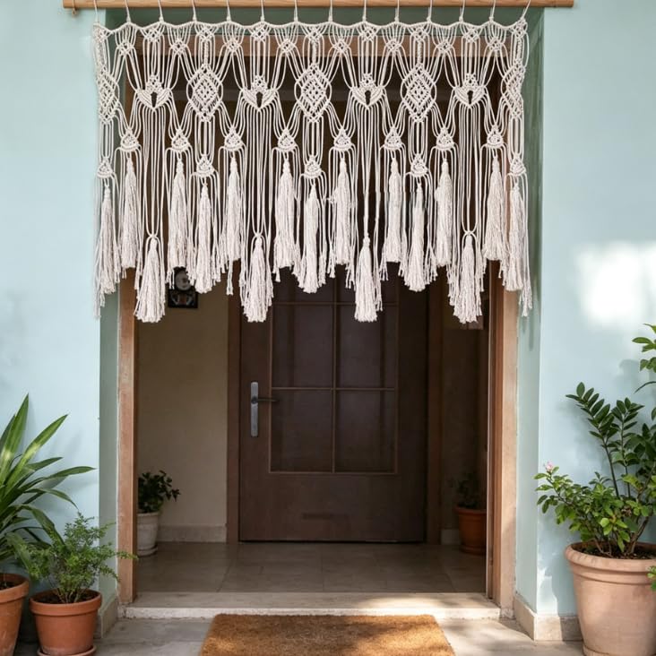 Tapiz de macramé de algodón neutro para disimular imperfecciones de paredes 7