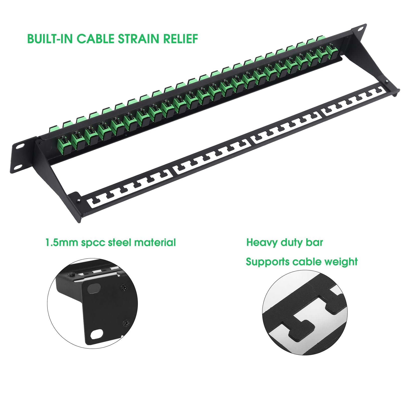 Panneau de brassage en fibre optique 1U avec 24 adaptateurs fibre optique monomode SC APC pour racks standard de 48,3 cm, 1 pièce