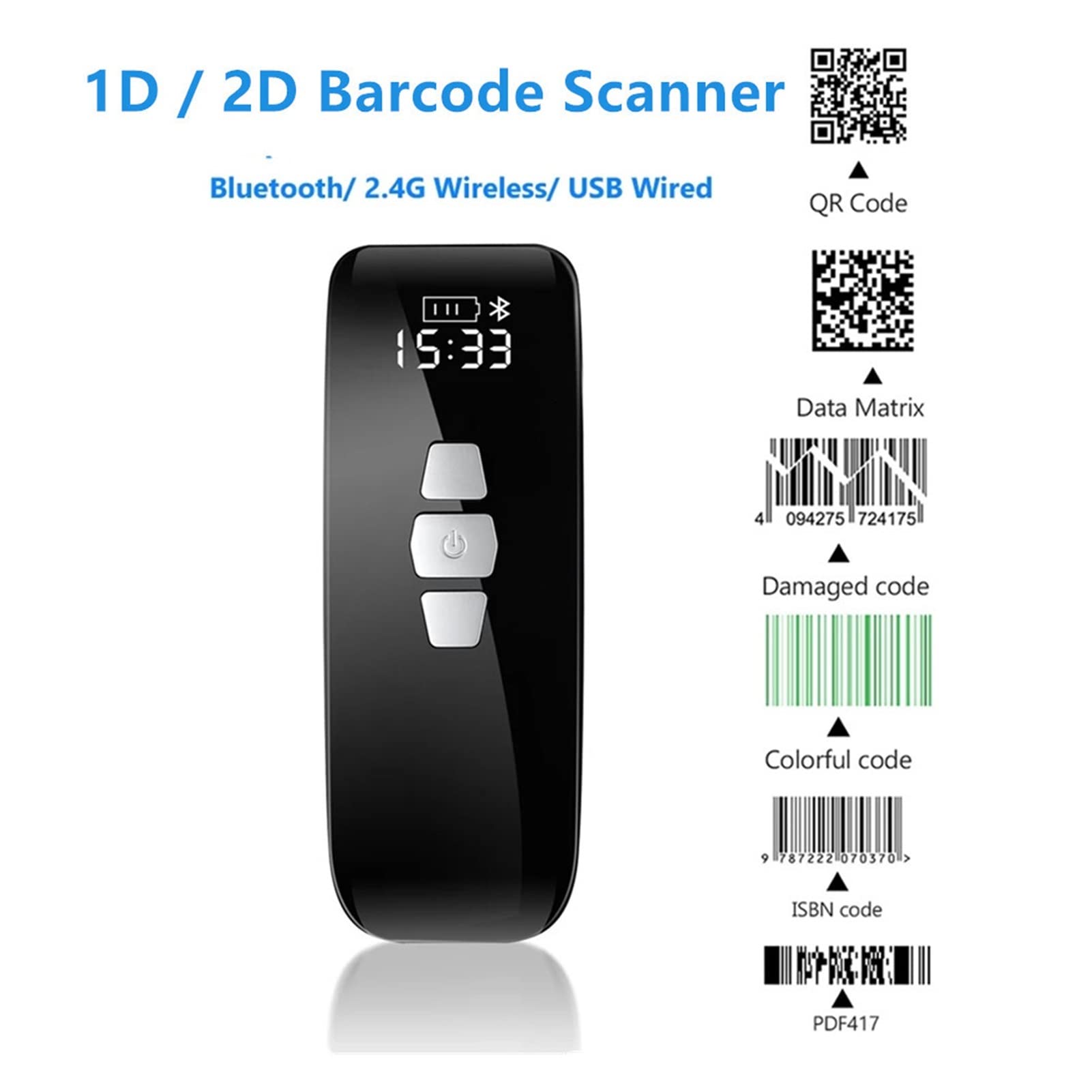 1D QR 2D Escáner de código de Barras inalámbrico Bluetooth 2.4G Wireless USB Lector de códigos de Mini Barra con Cable con LCD Fecha de la Pantalla de la Matriz de escaneo(1D)
