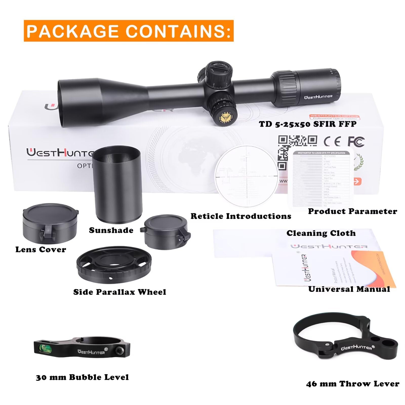 WestHunter Optics TD 5-25x50 SFIR FFP Mira Telescópica, Tubo 30mm Primer Plano Focal, Iluminación Roja, Precisión 1/10 MIL, Visor Competición - Indicado Únicamente para Actividades Deportivas