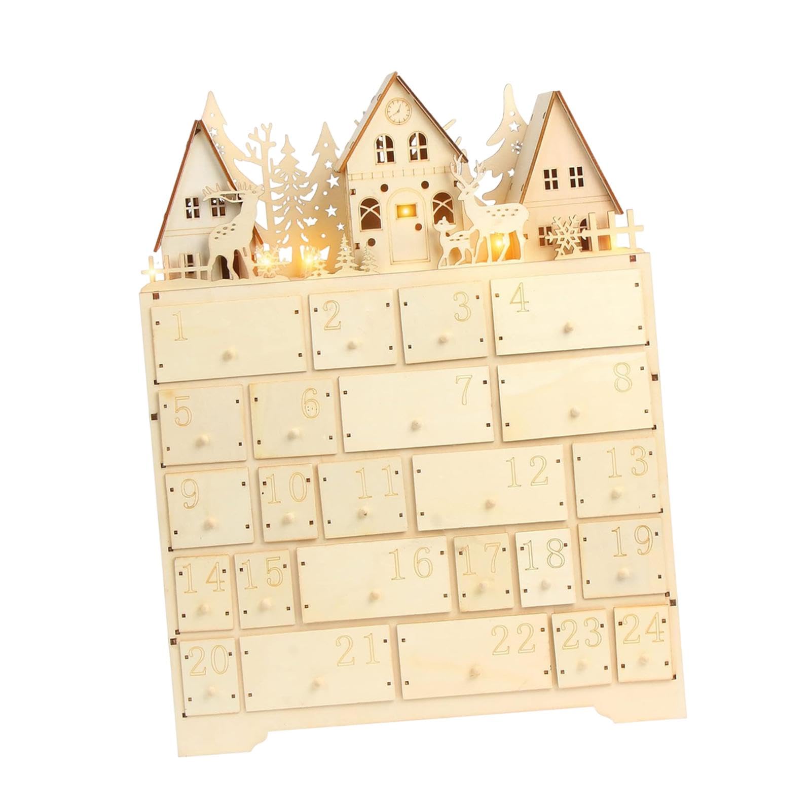 Weihnachts Adventskalender Boxwood mit LED Fächer Holz Kalender Dekoratives Schubladen Ornament Weihnachts für Wohnzimmer Schlafzim