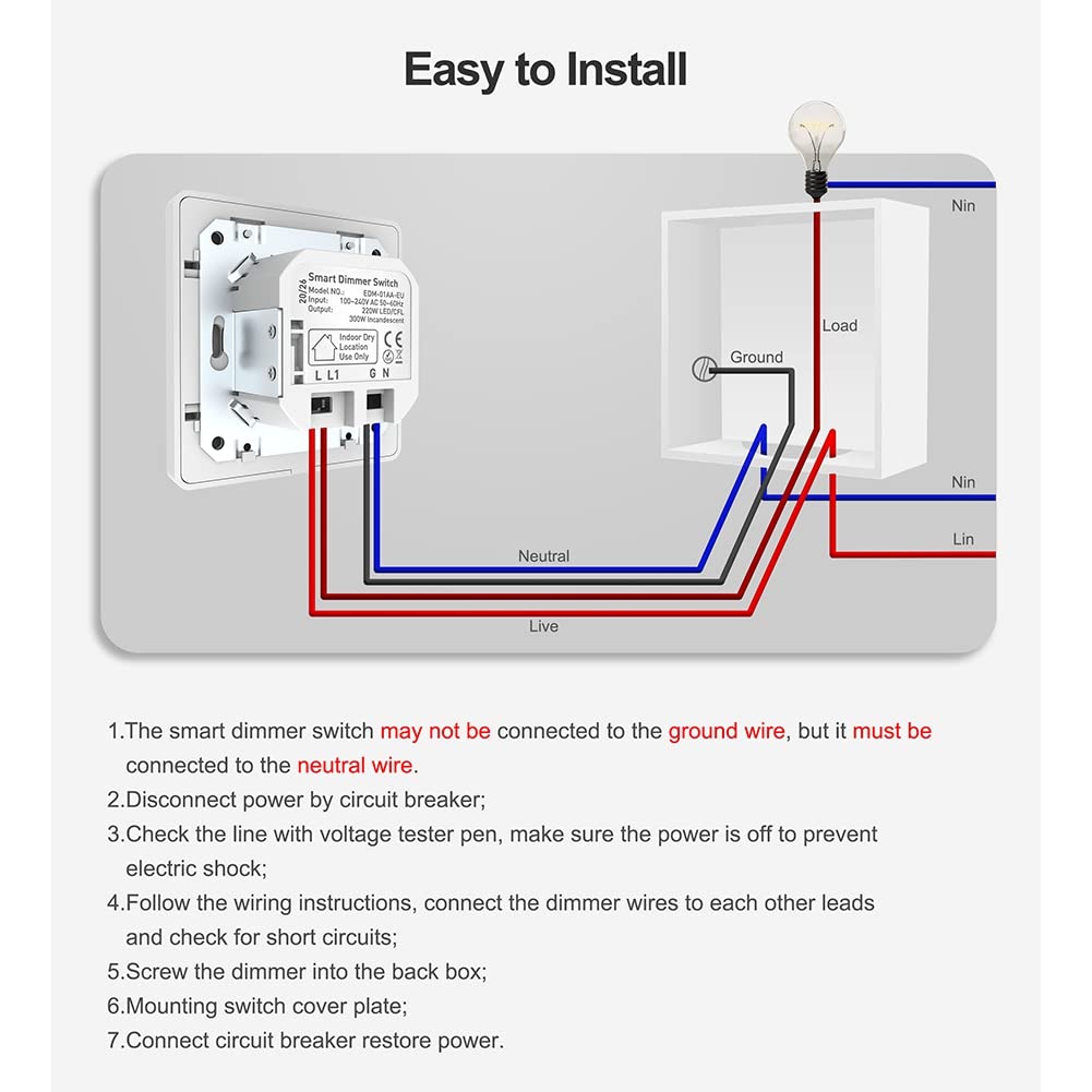 Tuya Smart WiFi Dimmer de Luz, Interruptor de Pared con Panel de Atenuación Táctil 100-240 V, Funciona para Alexa Home