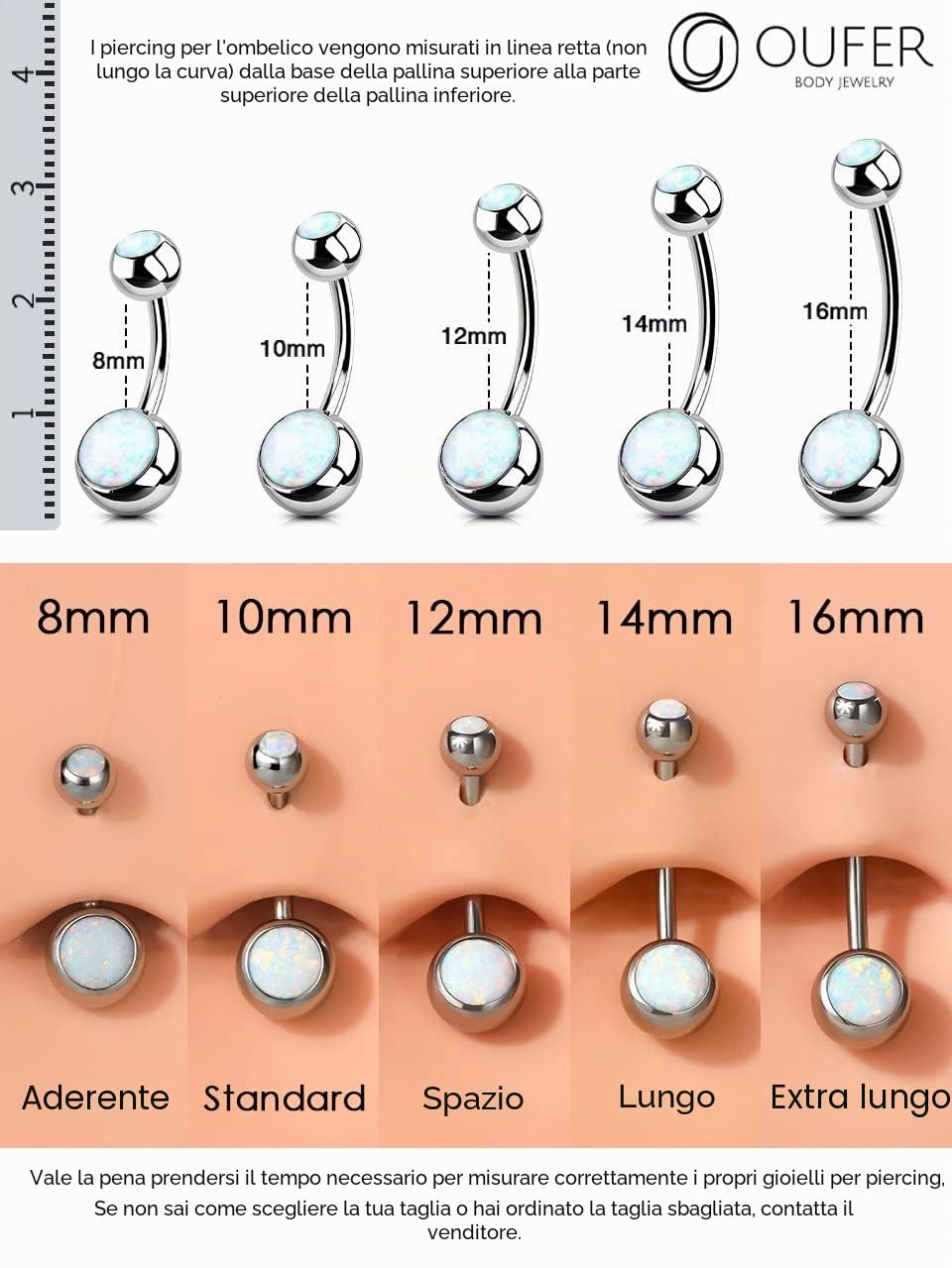 OUFER 14G Piercing per Ombelico Anello Titanio Palline Balls Pantaloncini Extra Lungo Short Long Bananabells Navel Pircing Anelli Doppio Bianco Opal 1,6 mm, Barbell Belly Button Jewellery 8 10 12 16mm