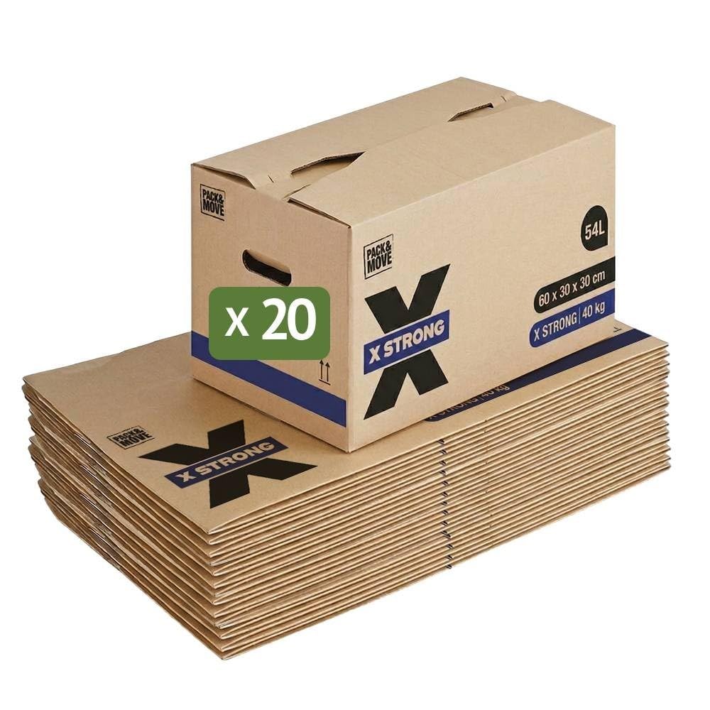 Pack and Move - Zestaw 20 kartonów do przeprowadzki X Strong - 60 x 30 x 30 cm - Obciążenie 40 kg - Ekstremalna wytrzymałość - Duża pojemność