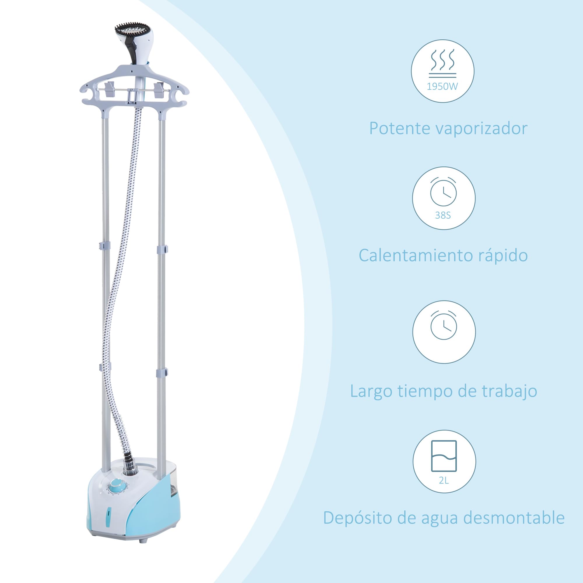 HOMCOM Plancha Vertical 1950W 2 L Plancha de Vapor Vertical con Temperatura Ajustable en 11 Niveles y Barra Telescópica Centro de Planchado Vertical para Hogar Oficina Azul