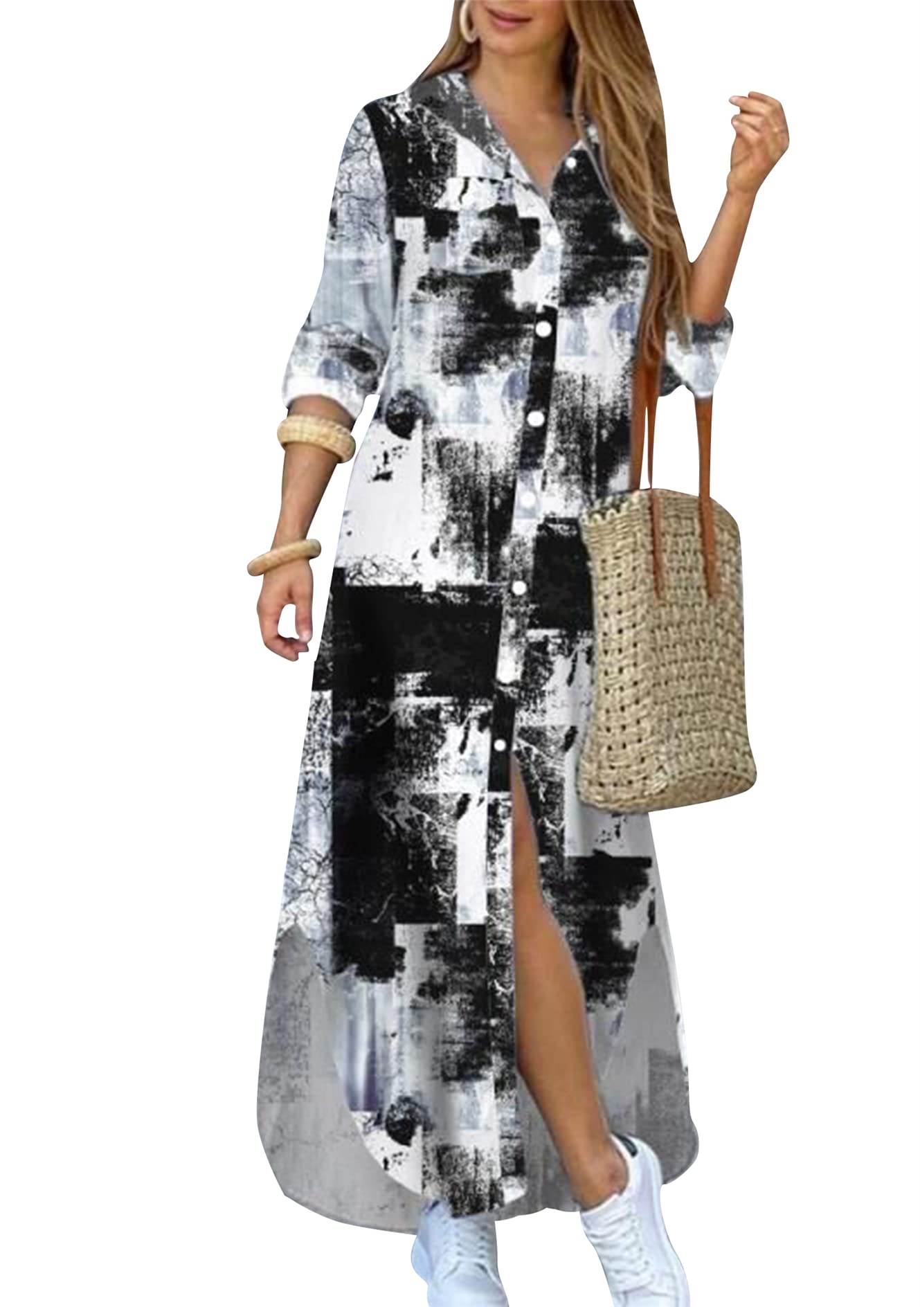 GORIFE Women's Casual Long Sleeve Dress Button Down Lapel Collar Maxi Dress Floral Printed Long Shirt Loose Dress