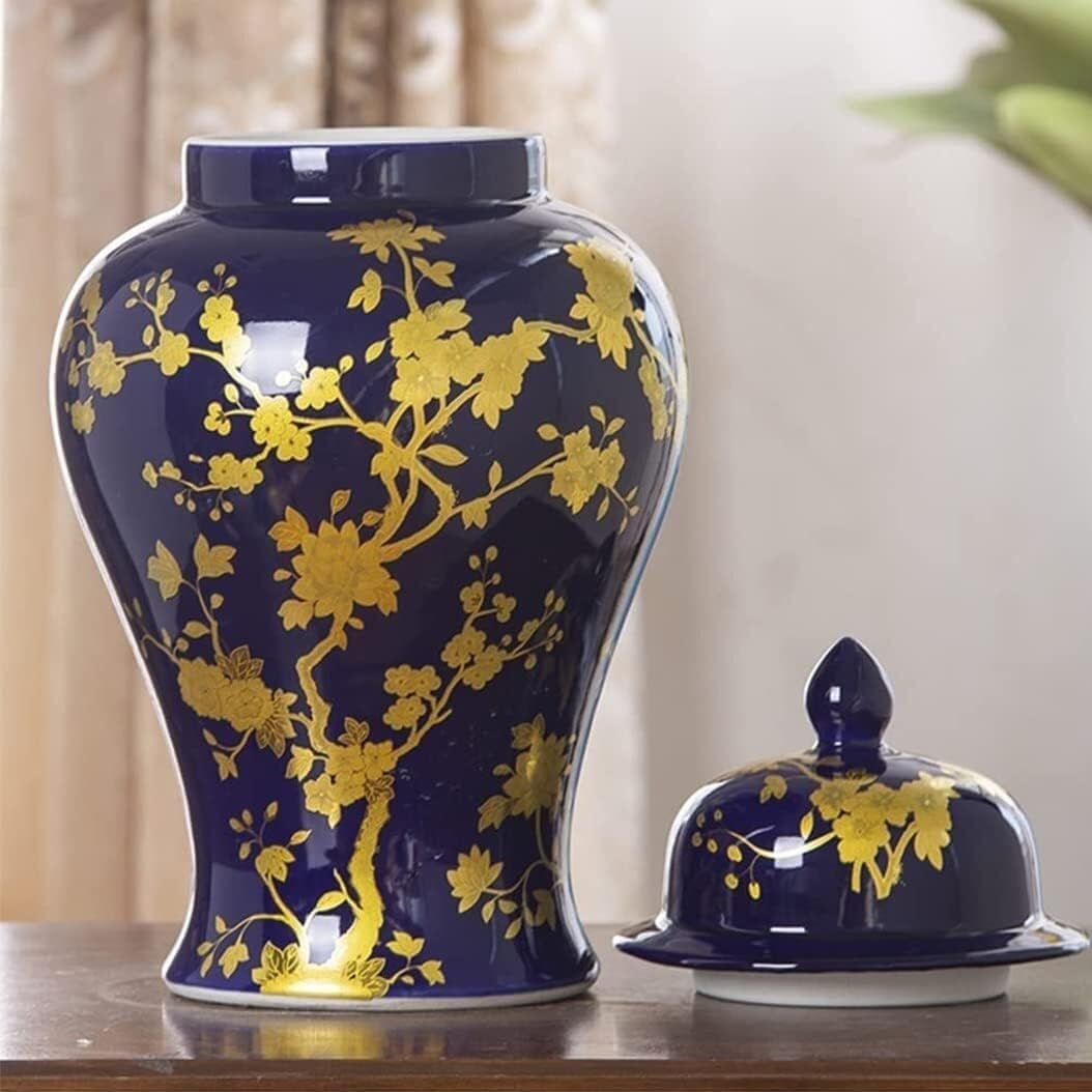 Food Storage Jar,Decorative Jar Ginger Jar Vase Decor Ceramic Blue Ginger Jar with Gold Pattern, Exquisite Beautiful Decorative Porcelain Jars Temple Jar with Lids Ginger J,A-13 * 37Cm