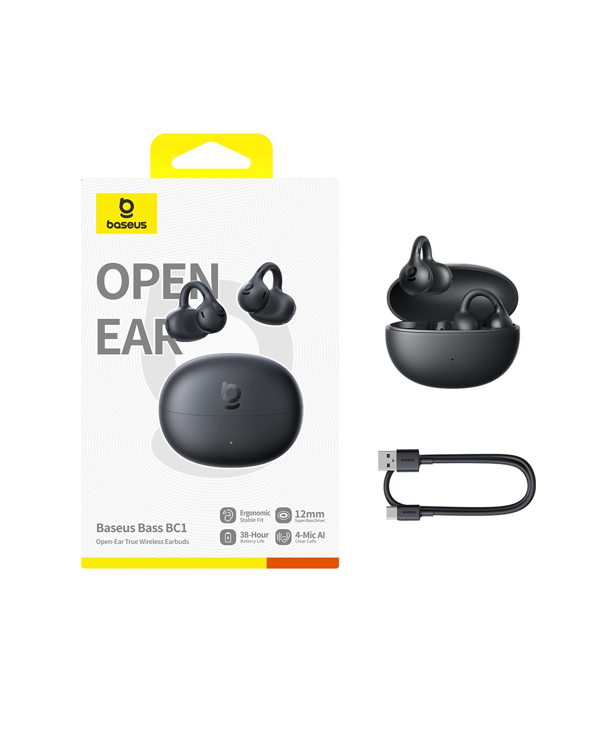 Baseus BC1 Auricolari a Orecchio Aperto, Clip per Orecchie, Suono Straordinario, Basso Adattivo, Bluetooth 6.0, Riduzione Rumore in Chiamata, IP55, 38H di Autonomia, Leggeri - Nero Interstellare