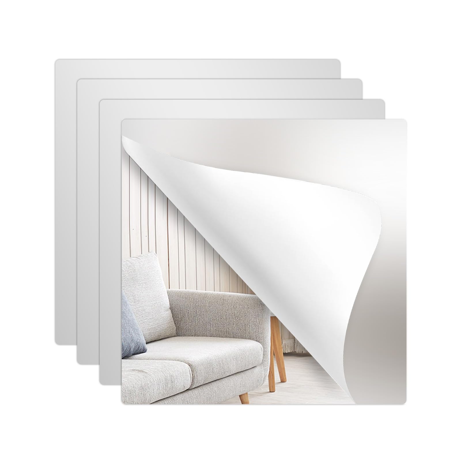 Elffloor Self-Adhesive Wall Mirror Tiles 4p 7 8x7 8in Frameless Peel and Stick Mirror Stickers Shatterproof Acrylic Wall