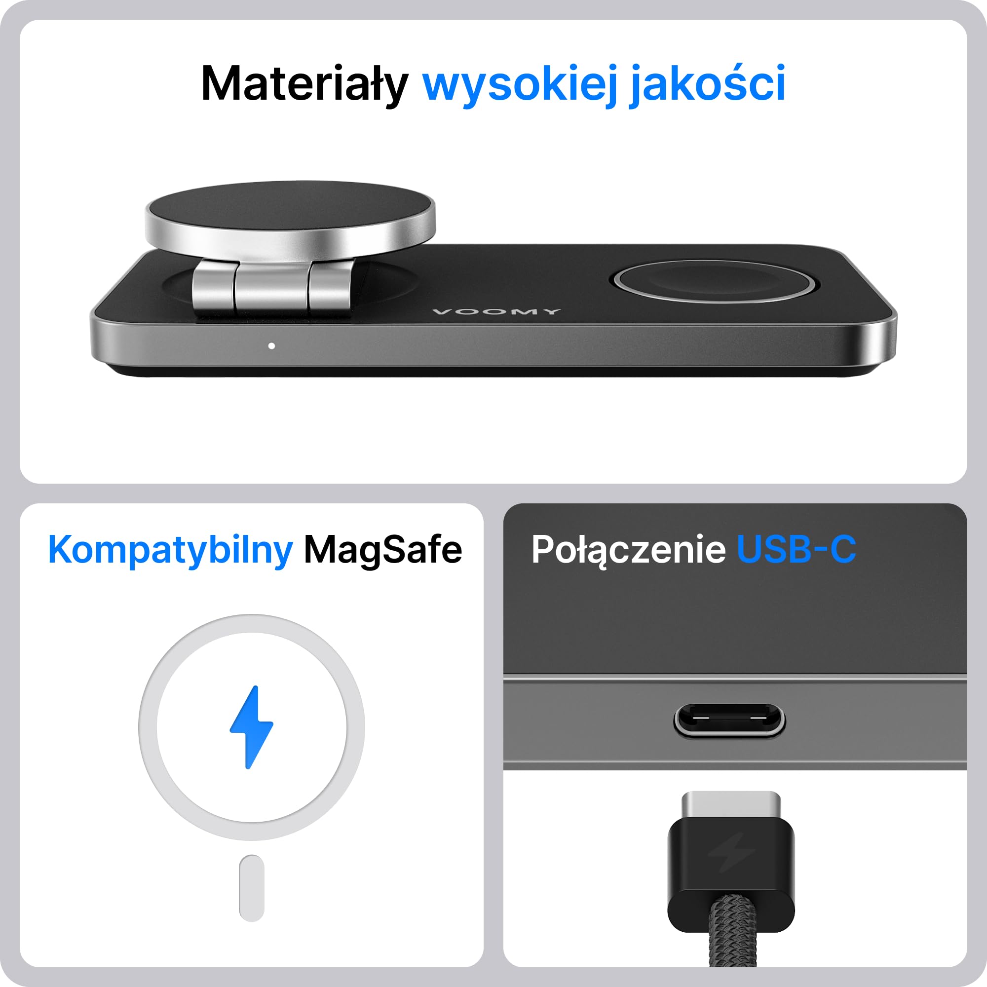 VOOMY Stacja Ładowania Bezprzewodowa 3-w-1 15W – Aluminiowa Ładowarka Składana, Szybkie Ładowanie, Kompatybilna ze Smartfonami, Smartwatchami i Słuchawkami Bezprzewodowymi