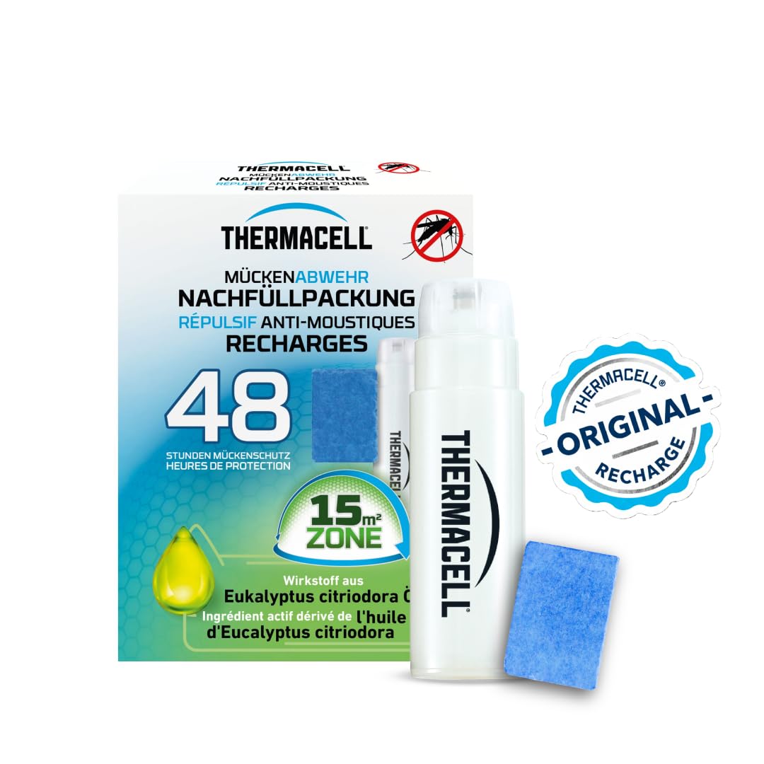 THERMACELL Recharge Anti Moustiques et Moustiques Tigres - 15m² - 48h | Compatible Diffuseurs, Nomades et Lanternes - 4 Cartouches Gaz + 12 Plaquettes - THNATRECHARGE48