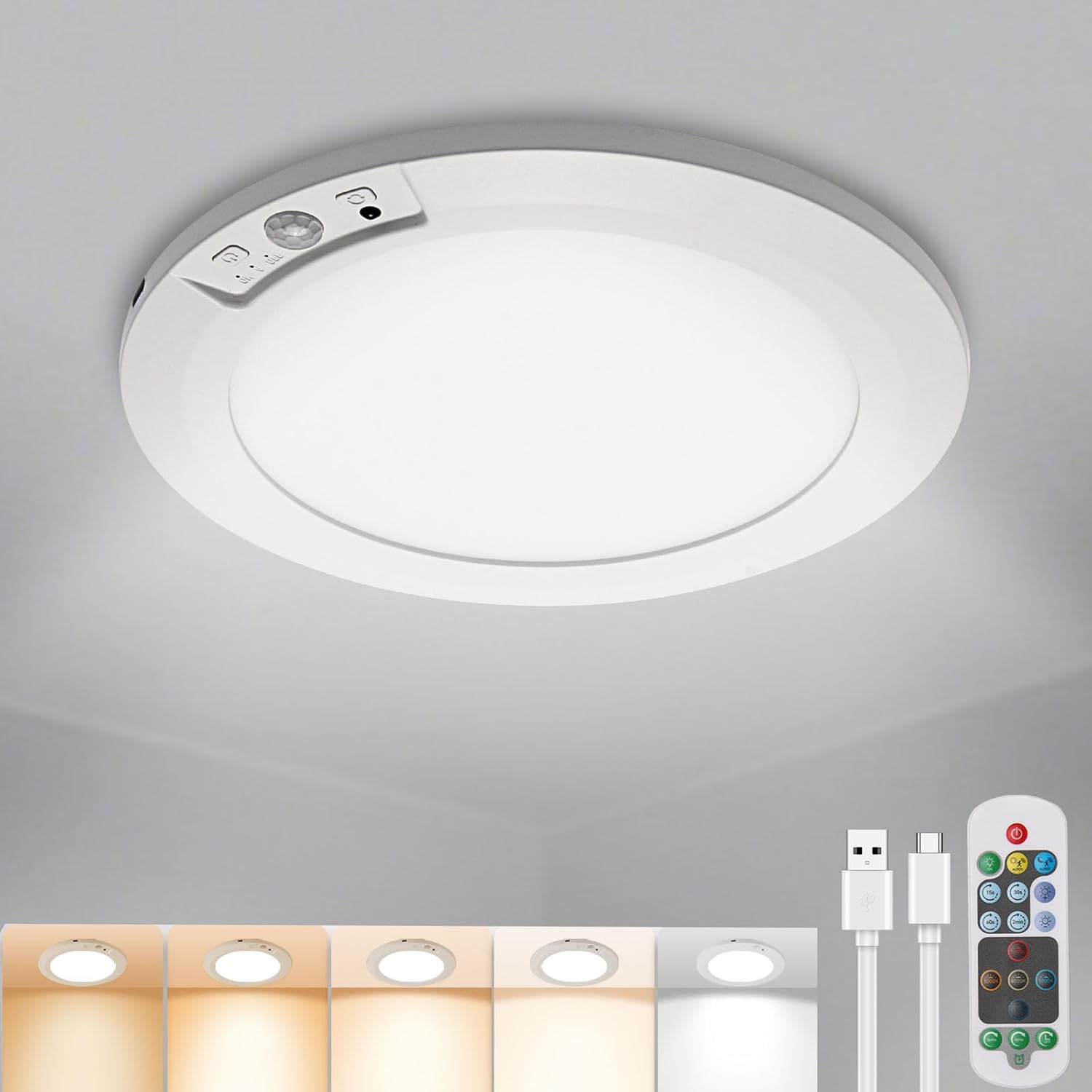 Rechargeable Motion Sensor Ceiling Light with Remote,Magnetic Wireless Ceiling Lights,8000mAh 7.5inch Battery Powered Light for Closet Shower Shed Loft Bathroom Garage cet