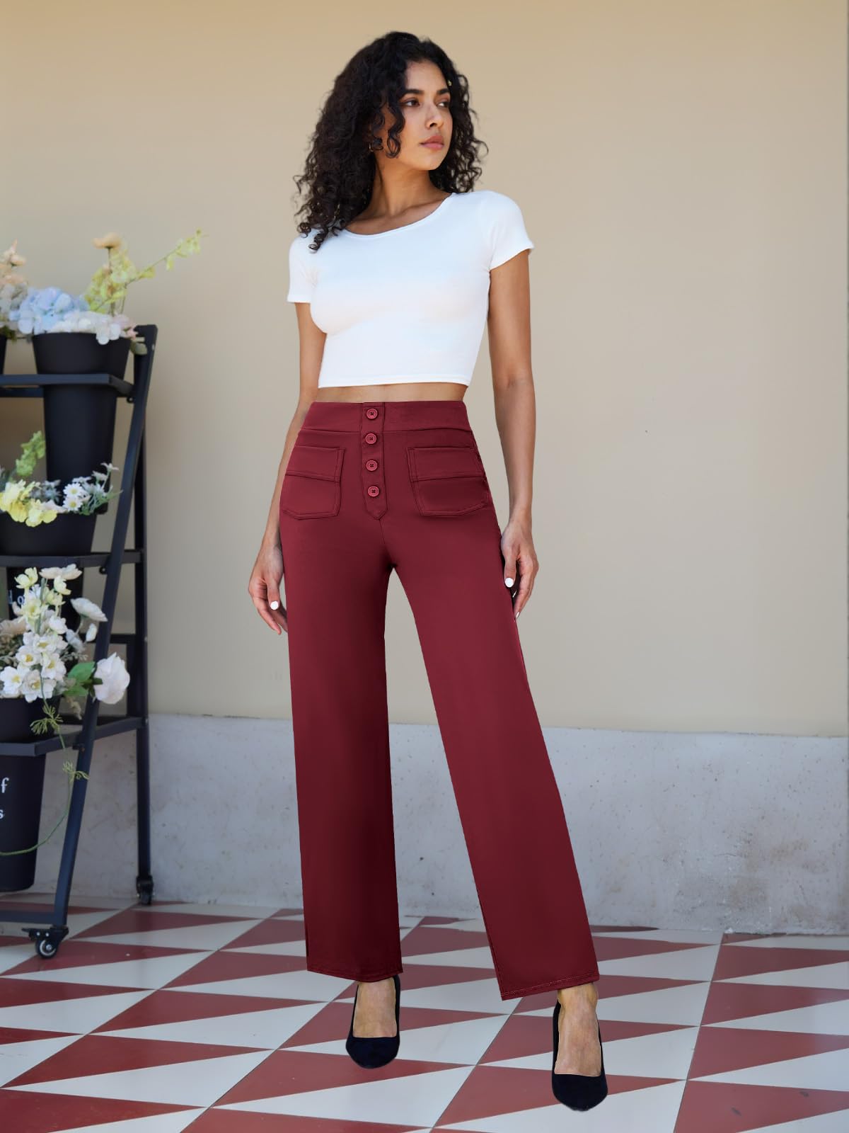 keriffe Women's Straight Leg Pants High Waisted Button Stretchy Business Work Dress Casual Trousers Multiple Pockets: Small Wine Red