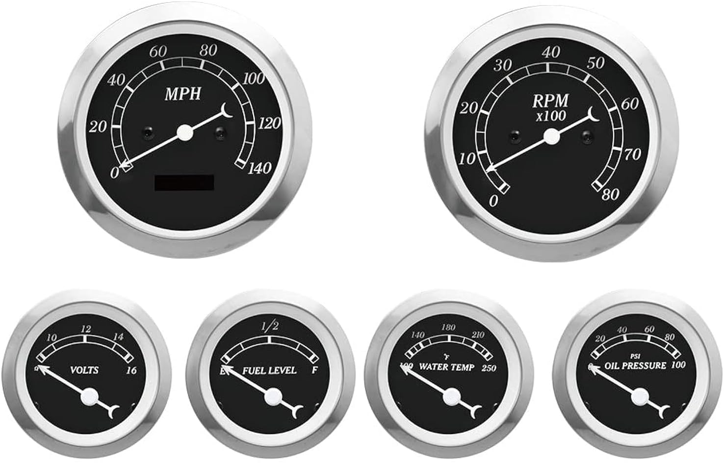 MOTOR METER RACING Classic 6 Gauge Set with ECU Based Electrical Speedometer Digital Odometer Black Dial White Needle Light Bulb Illumination 85mm 3-3/8" & 52mm 2-1/16"