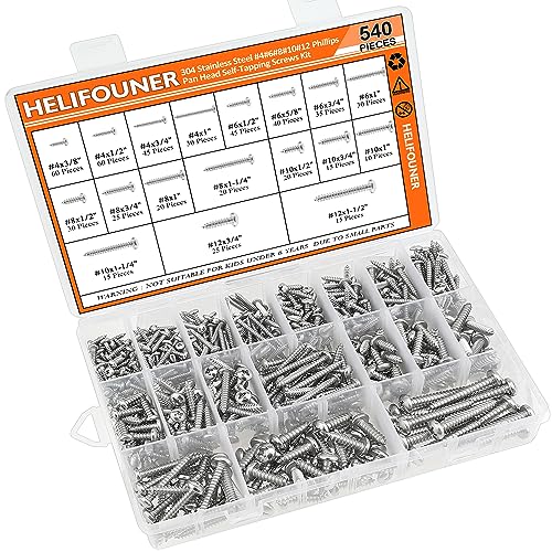 Helifouner HELIFOUNER---WOOD---SCREWS 540 Pieces #4#6#8#10#12 Wood Screws Set, Helifouner 18 Sizes Phillips Pan Head Self-Tapping Screws Assortment Kit thumb #7