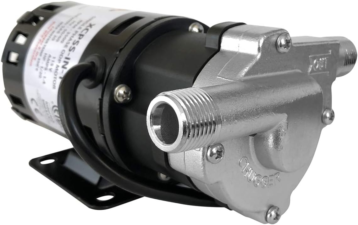CHUGGER PUMP XCPSS-IN-1 X-DRY with Run Dry Protection, SS 115 Volt Inline Home Brewing System Beer Pump, 55" Cord w/Plug, 1/2" MPT Connections, ETL-Certified, US Food Compliant Materials