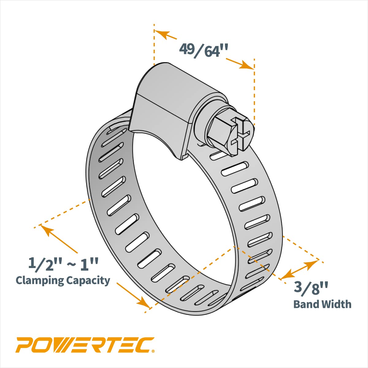 POWERTEC 50105 Abrazaderas de manguera de accionamiento sin fin de 3/8 pulgadas de ancho de banda | Capacidad de sujeción de 1/2 a 1 pulgada | SAE Tamaño 8 | Acero inoxidable de precisión - Paquete de