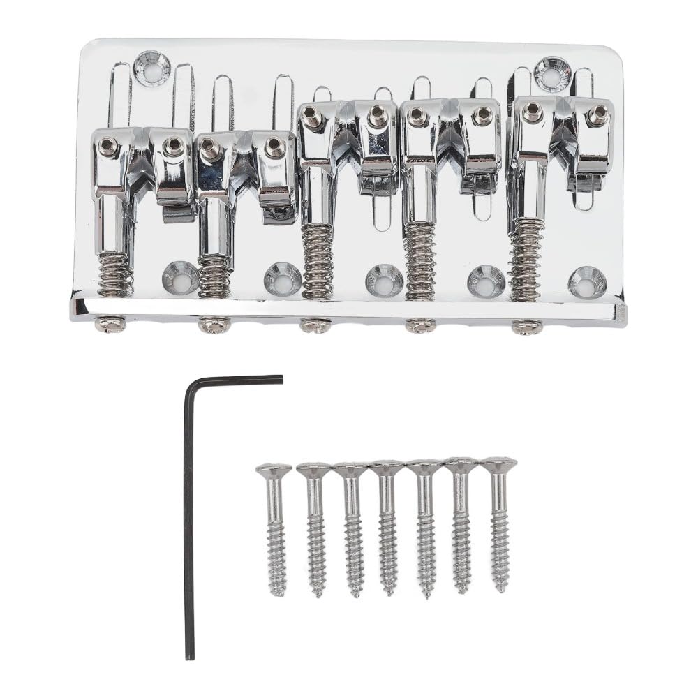 5 String Bass Bridge with Adjustable Saddles, Alloy Electric Bass Guitar Replacement Bridge Assembly with Screws and Hex Wrench, Silver