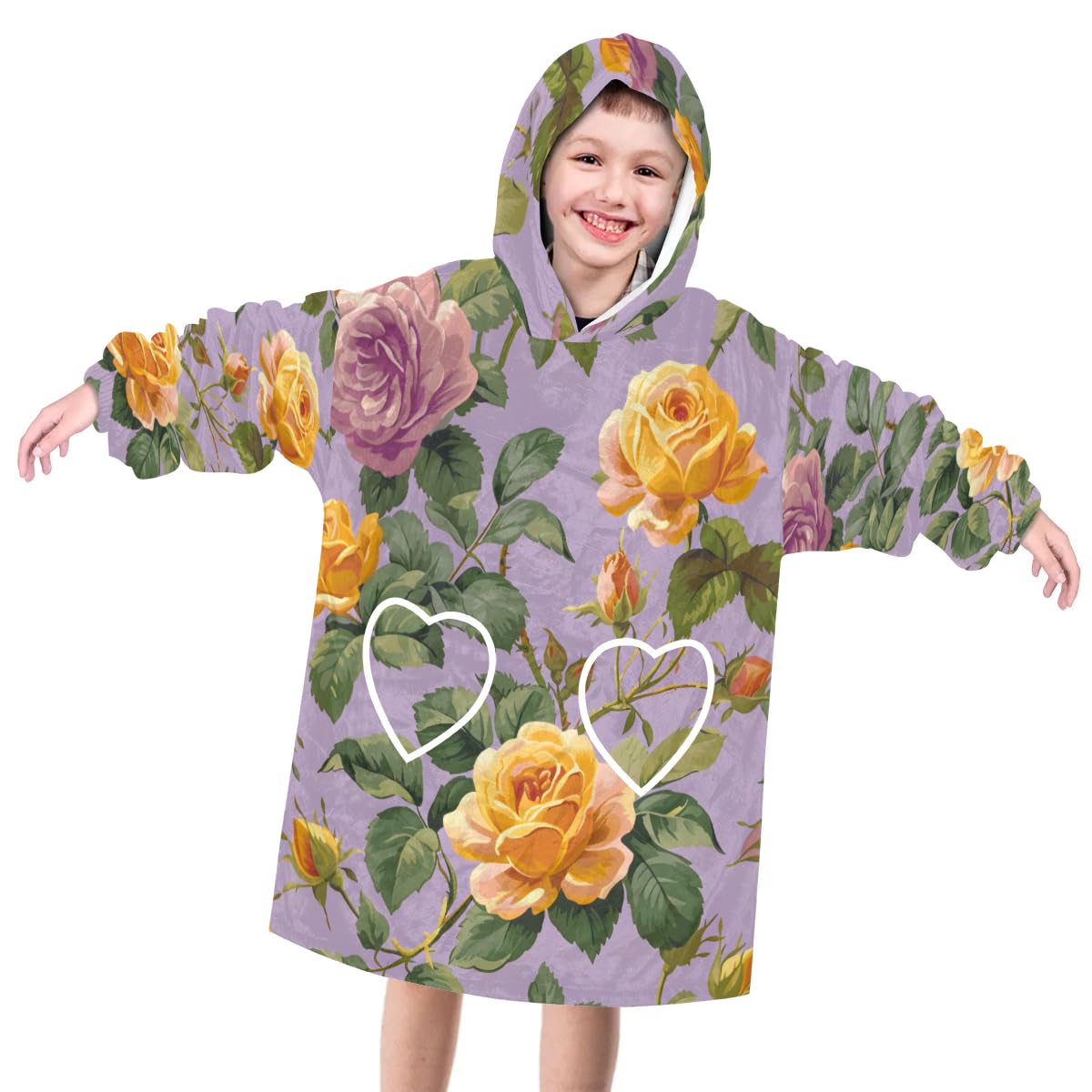 Wearable Blanket Hoodie for Kids, Retro Floral Fleece Sweatshirt Blanket Oversized Blanket Sweatshirt with Pocket Flannel Warm Hooded Blanket 6-10 Year Old Girl Boy Gift, One Size