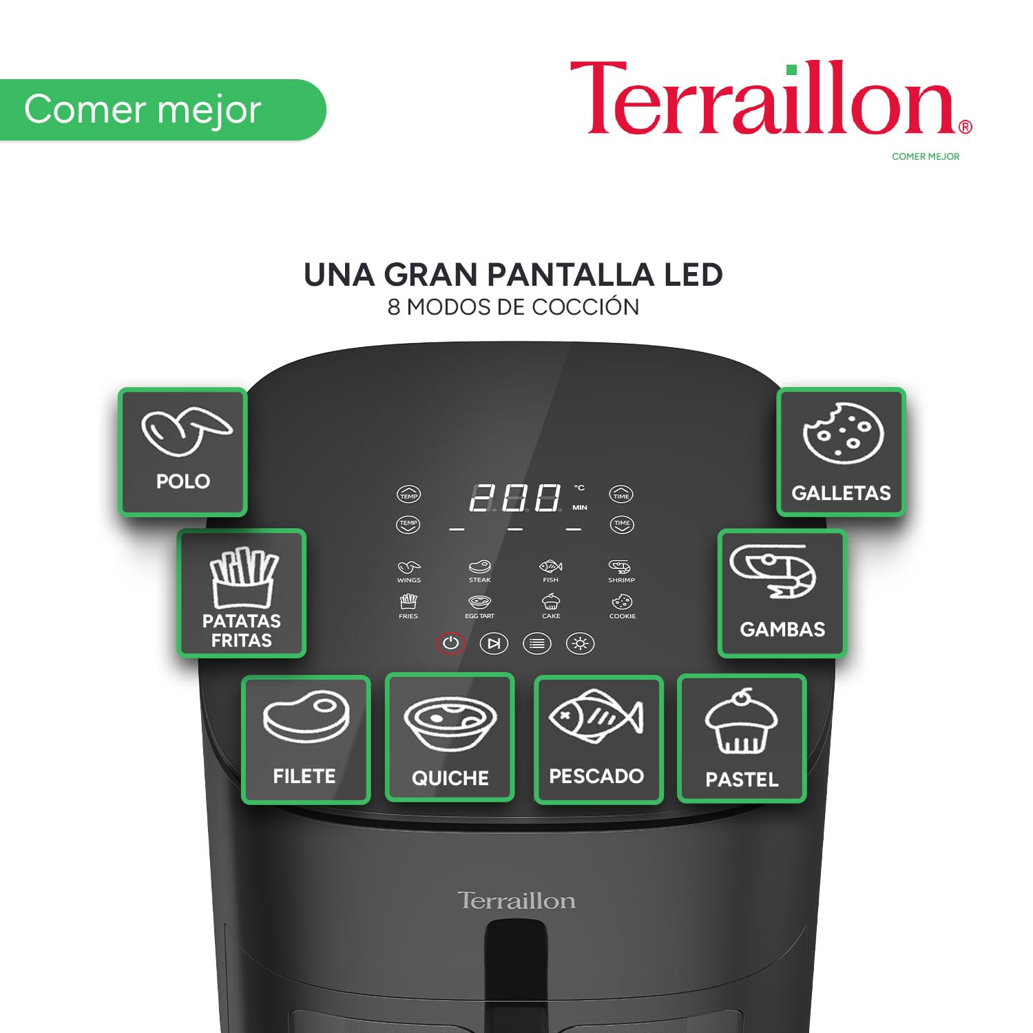 TERRAILLON – COOK&FRY XL 7L – Freidora sin aceite-freidora de aire – 2300 W – Doble resistencia para una cocción homogénea, sin PFAS – 8 programas – 80 °C a 200 °C – Pantalla LED táctil