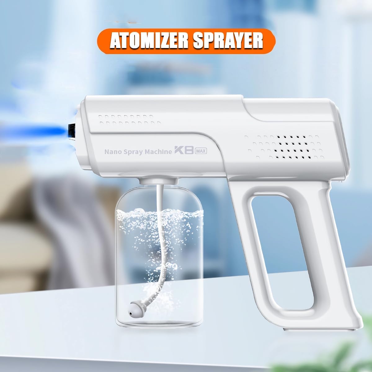 Nano Mist Atomizer Sprayer USB Rechargeable, Handheld Electrostatic Fine Fog Spray Gun with Blue Light Design for Hair Styling, Facial Mist, Barber Shop, Beauty Salon, Home & Travel Use