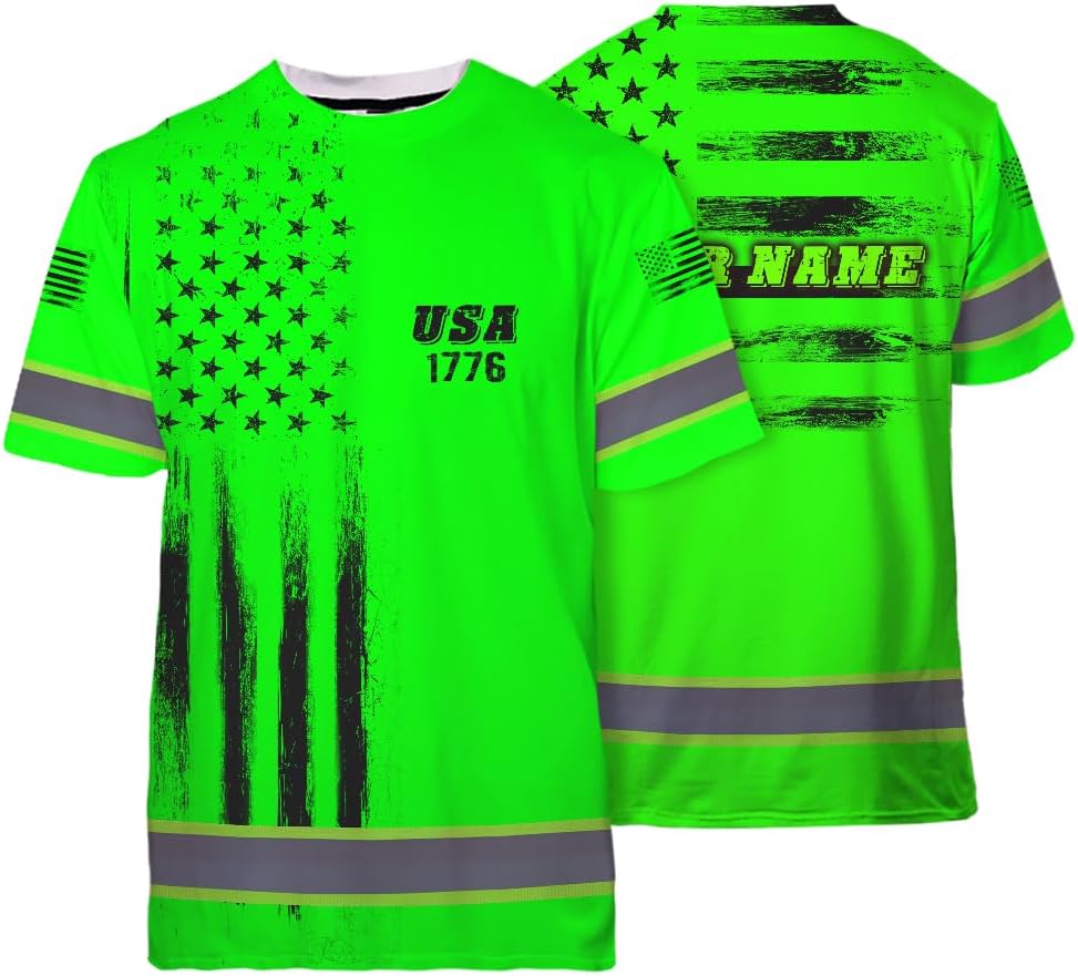 Maddly High Visibility Shirt American Flag Reflective Safety Shirt, Custom Name Workwear for Workers, Runners, Patriotic