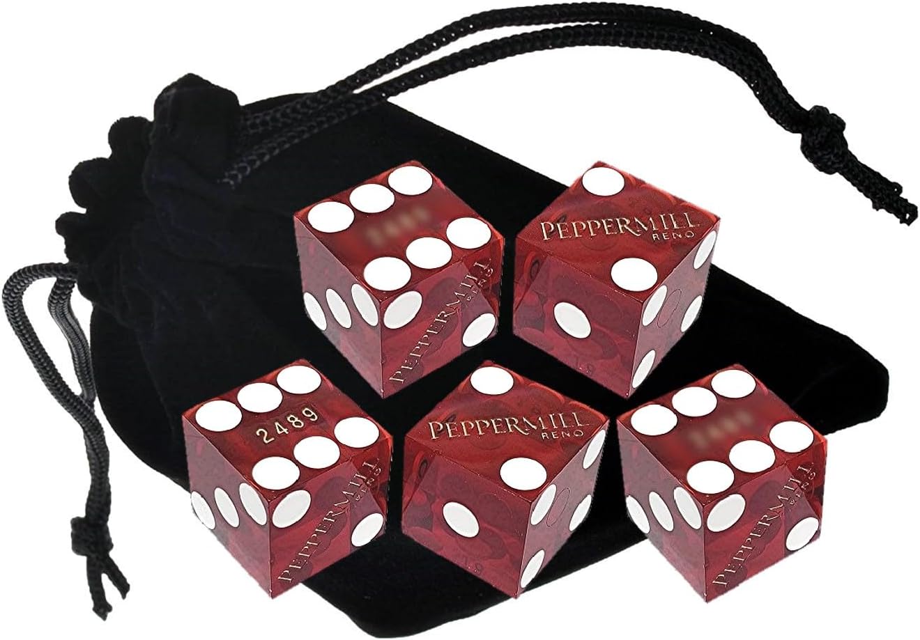 Authentic Casino Dice w/Pouch + Genuine Leather Cup Wide Opening (Red Felt Lining, Reno Peppermill Dark Red Polished)