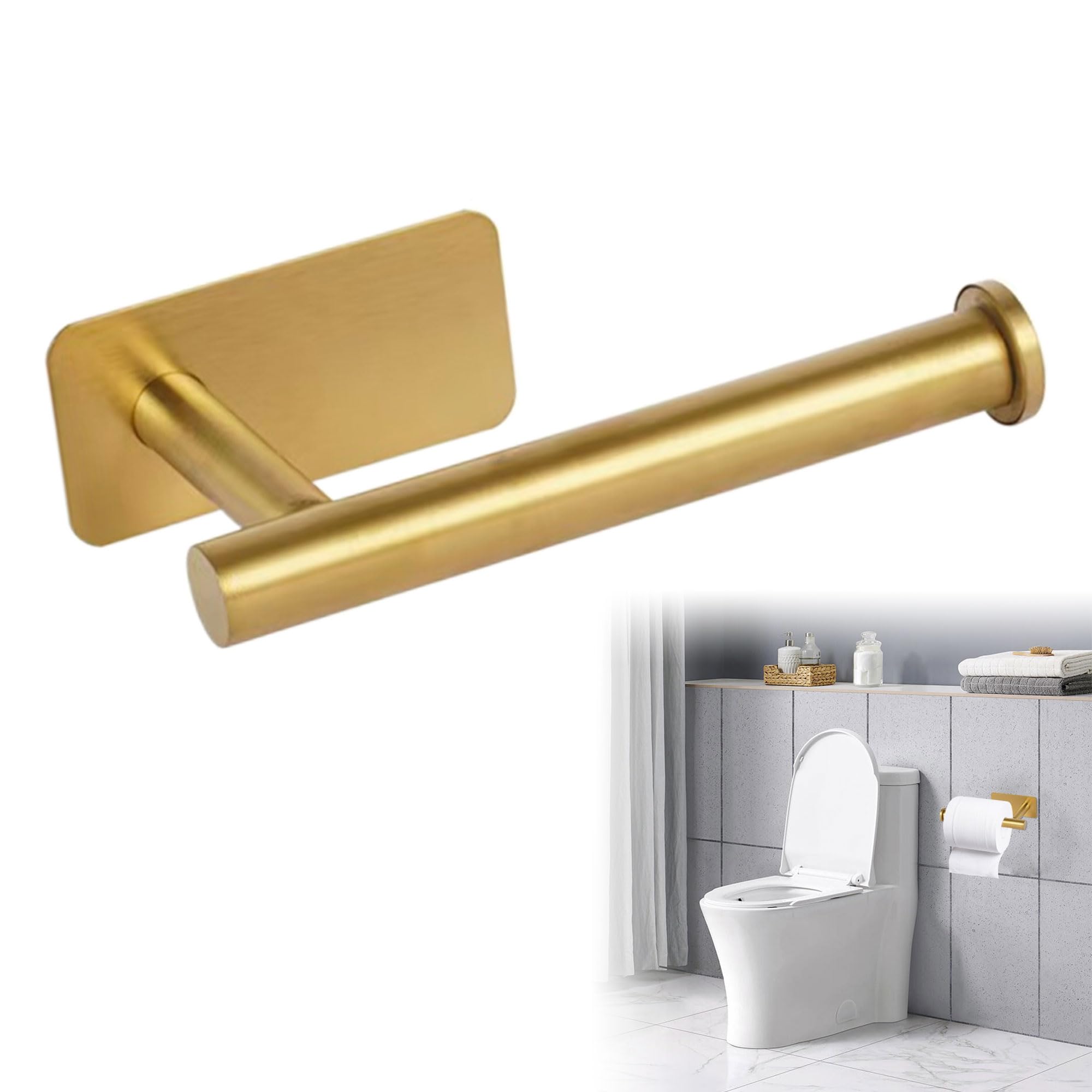 Stick On Toilet Roll Holder Gold, Brushed Brass Toilet Paper Holder, 15.8cm