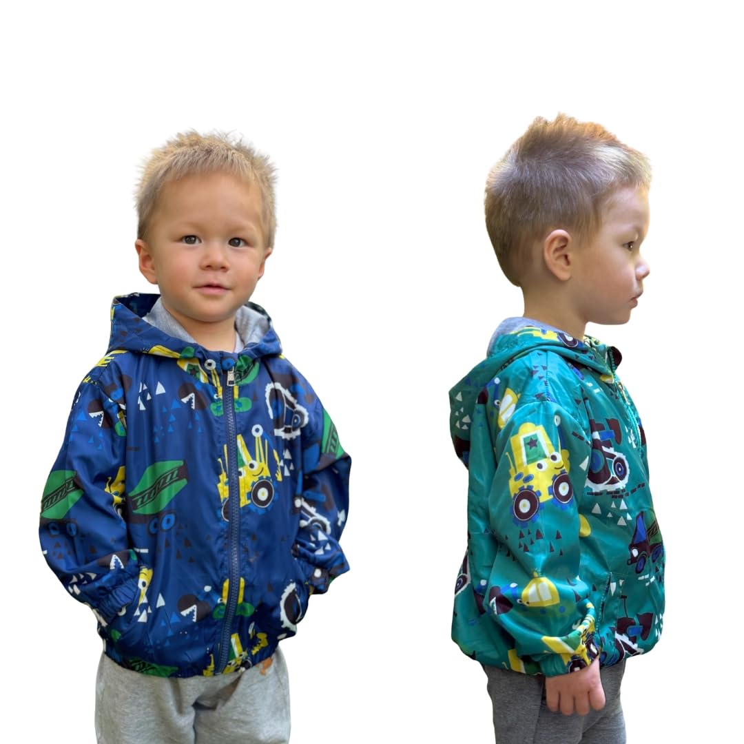 Giacca antivento autunno primavera con cappuccio ragazzo da 1 anno a 6 anni, giubbotto motivo attrezzi trattore, camion betoniera, bulldozer, cerniera lampo, fodera interna comfort