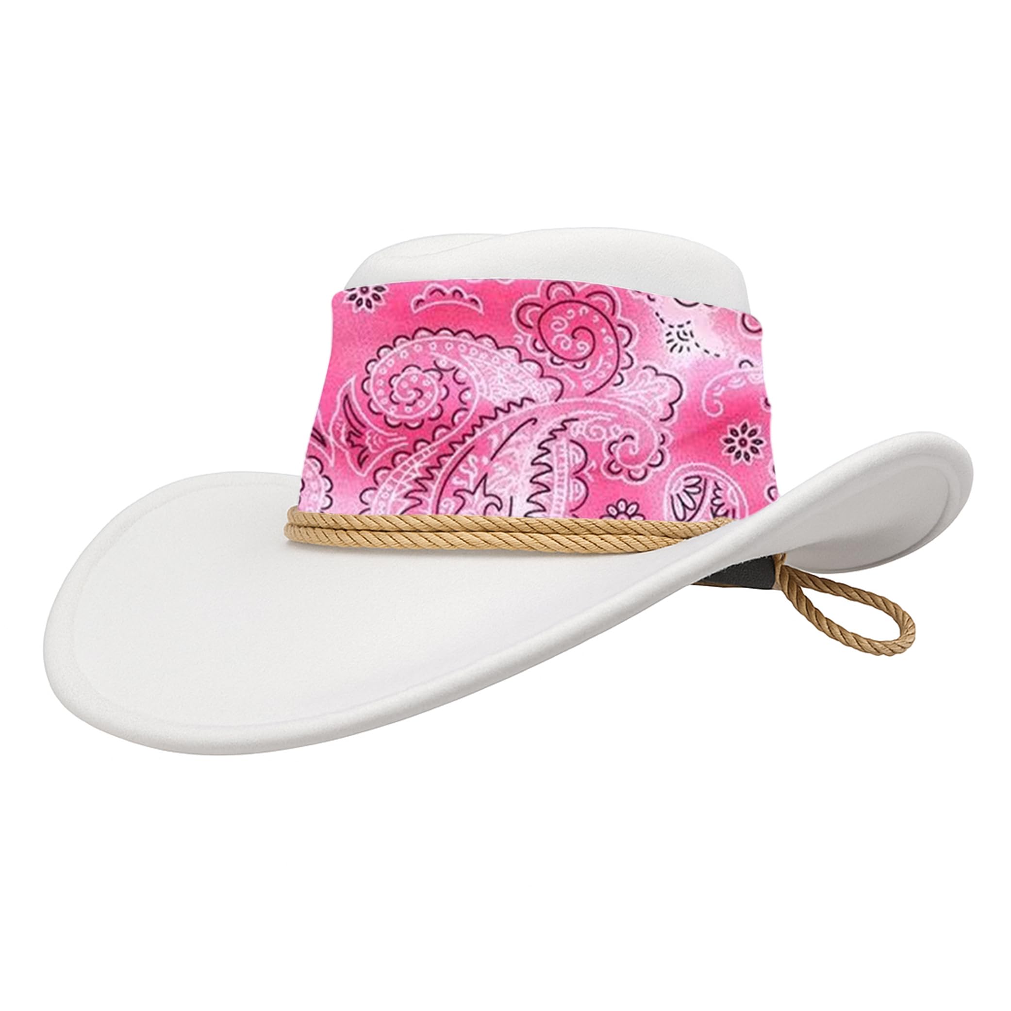Komonee Cowboy Hat White Paisley Pink Sun Cap Faux Felt Leather Suede Fancy Dress Party Costume Cowgirl Outfit Western Travel Outdoor Sun Protection Mens Womens