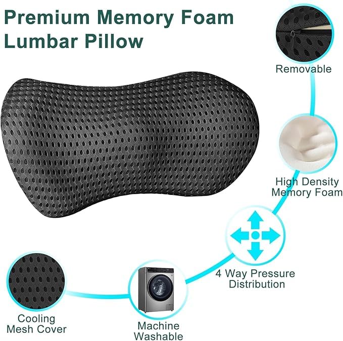 Shrevi Lumbar Support Pillow Ergonomic Memory Foam Relieve Back Pain, CMFY Breathable & Detachable & Washable, Neo Cushion Lower Back Pillow for Office Chairs, Car Seats (Black) 4