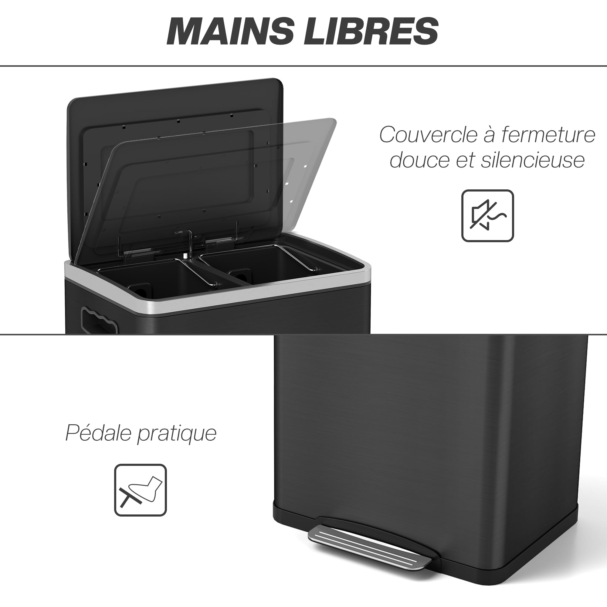 HOMCOM Poubelle de Cuisine à Pédale Double Compartiment 2 x 20L Noir | 2 Seaux Intérieurs Amovibles, Couvercle à Fermeture en Douceur et Poignées Intégrées, Anti-traces, Acier Inoxydable