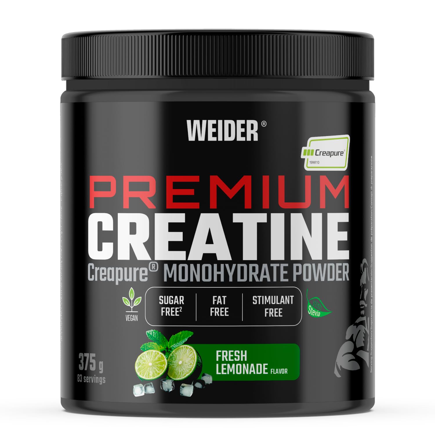 Weider Premium Creatine (375g) Sabor Limonada de Menta Fresca, Creatina Monohidrato 100% Creapure, Sin Azúcar, Vegano, Aumento del Rendimiento Físico (75 Porciones)