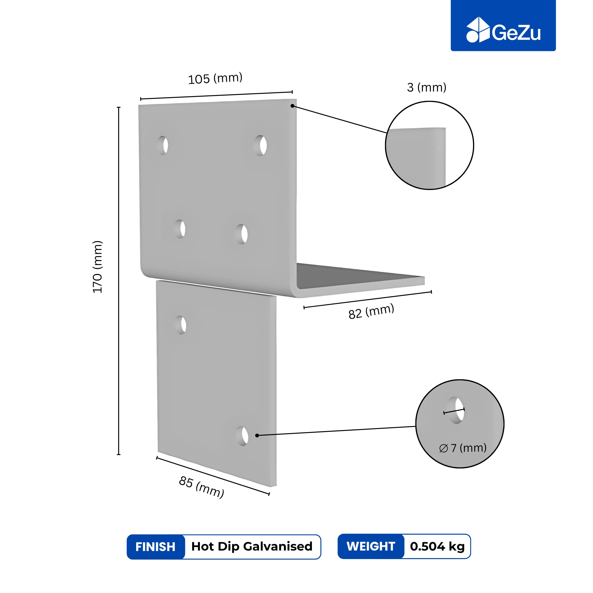 GeZu Impex Connettore a T Legno 91x91mm Zincato a Caldo Staffa di Connessione a T per Muro e Palo per Strutture in Legno
