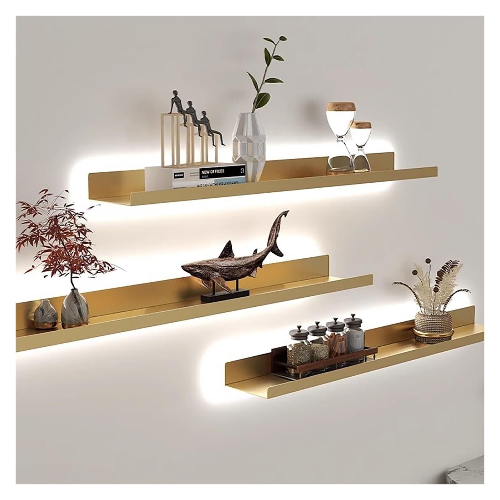 1 Tier Floating Shelves Light-Emitting Shelves,Wall Hanging Creative Bookshelf,Floating Wall Mounted Display Shelves Built-in Illuminated LED Light,Wall Shelves Picture Ledge (Gold 60cm/23.62in) (Gol