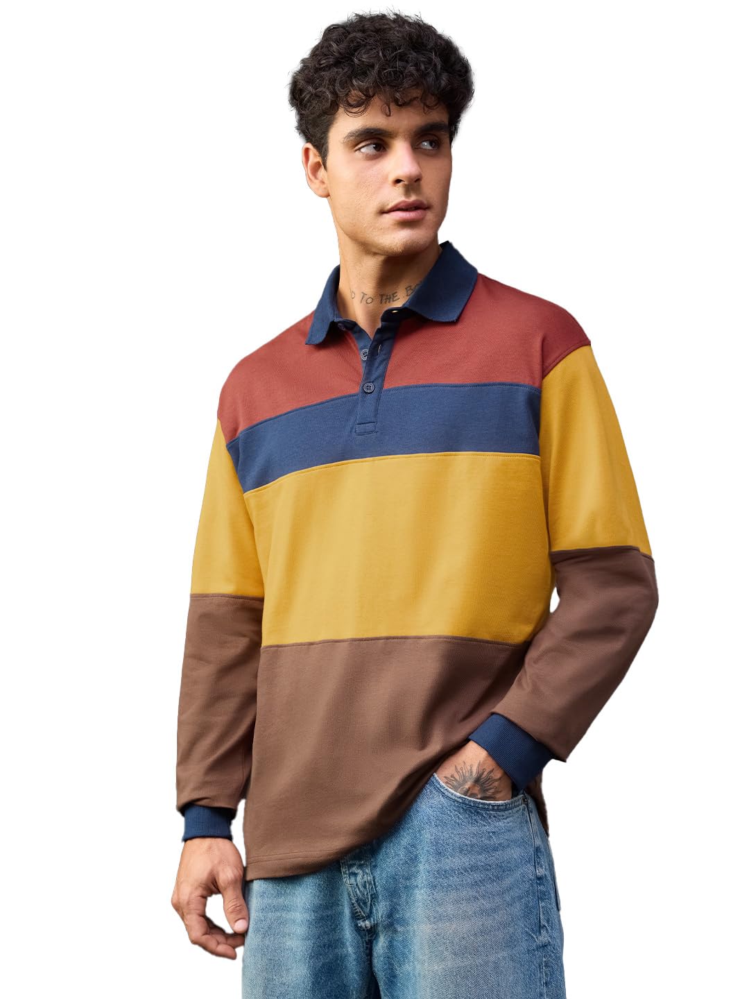 the souled store Pollen Men and Boys Long Sleeve Spread Collar Mustard Navy Brown Colour-Block Cotton Oversized Breathable Durable Lightweight All-Season Polos-picture-27