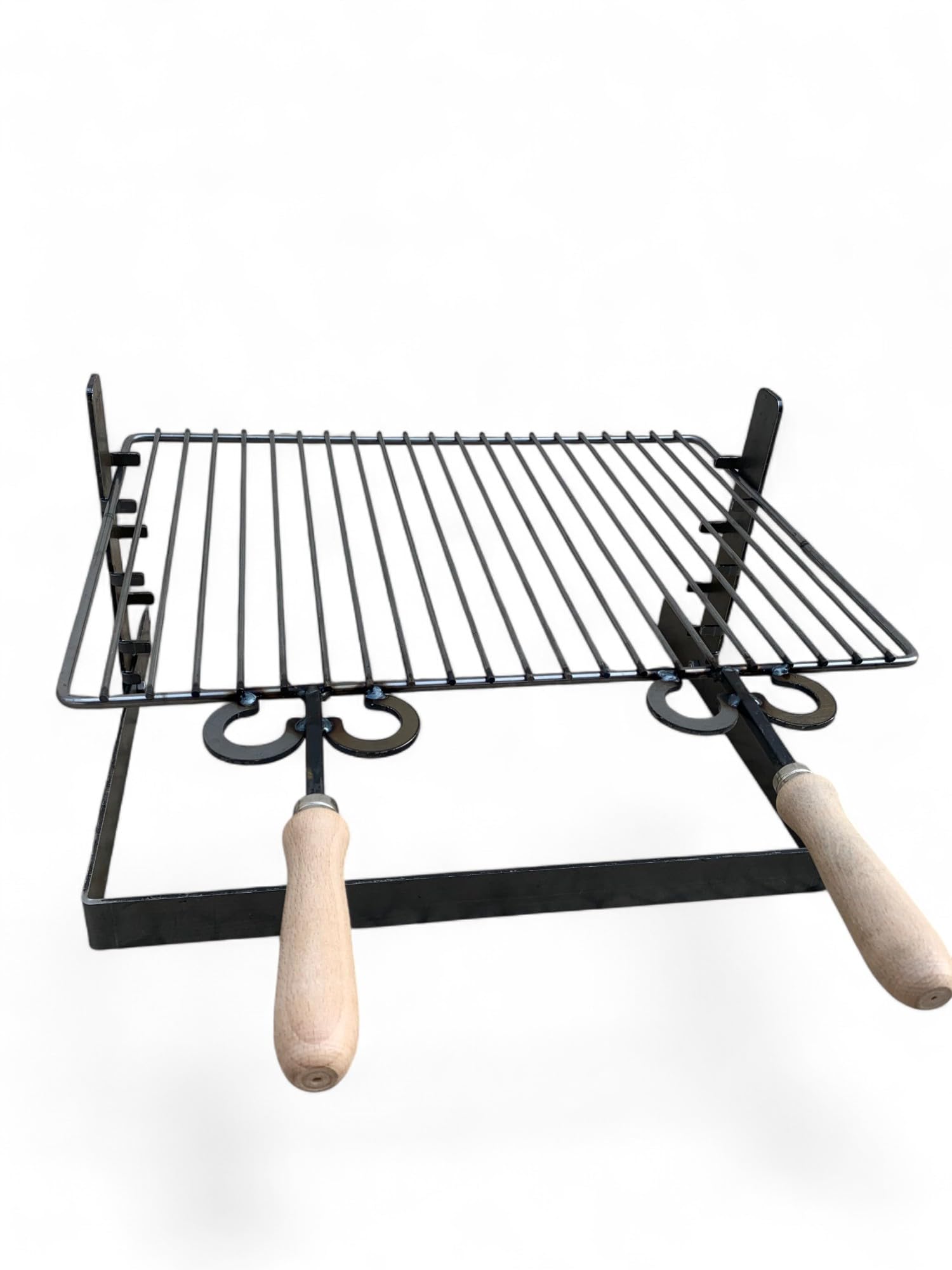 Griglia in ferro regolabile su più altezze, bistecchiera con manici in legno, per barbecue e camino per carne pesce verdure (50x36 cm)
