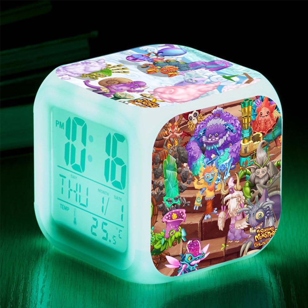 Xinchangda My Singing Monsters Alarm Clock for Kids, Game LED Digital Alarm with 7 Color Changing Night Light Displaying Time Temperature