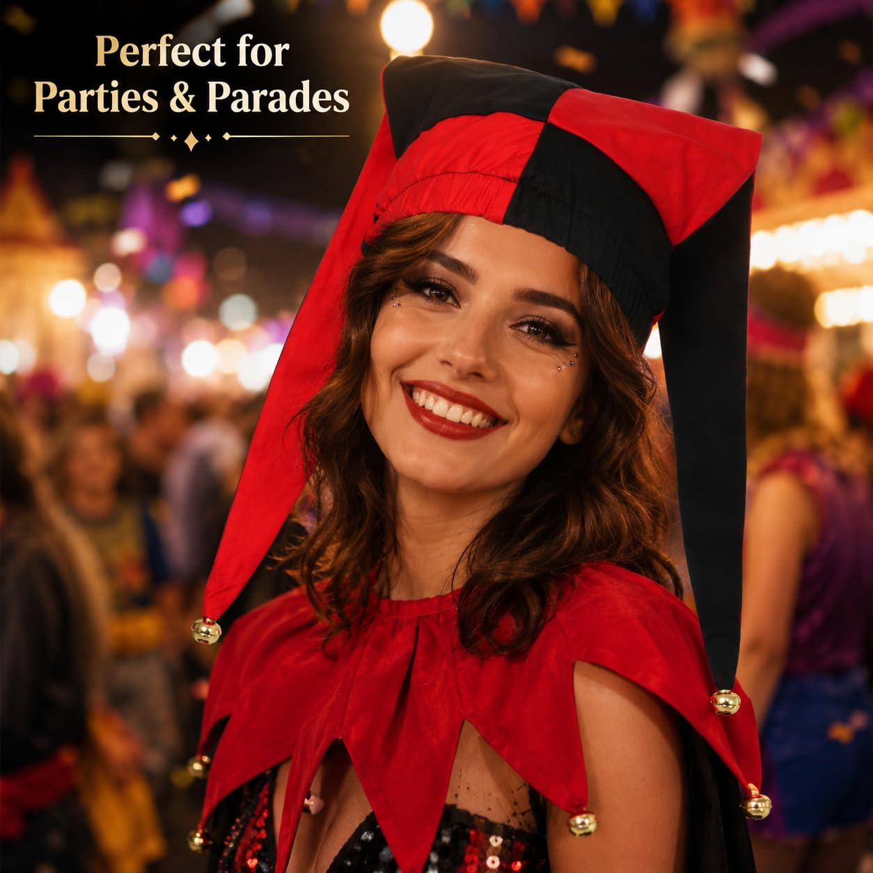 ANDHOM Jester Hat with Bells Harlequin Diamond Pattern for Halloween Christmas Costume Accessory - Image 8