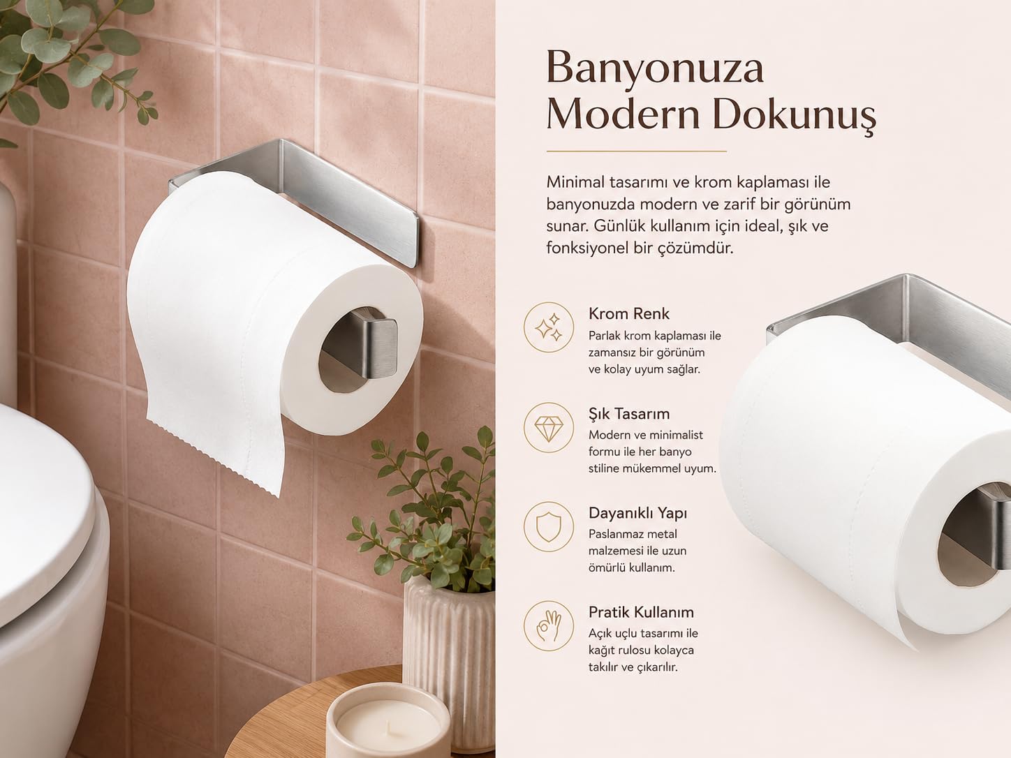 Alper Banyo Paslanmaz Çelik Lamalı Tuvalet Kağıtlığı, Krom Renk WC Kağıt Askılığı, Hem Yapışkanlı Hem Vidalı Montajlı, Açık Uç Tasarımlı Banyo Kağıtlık, 5 Yıl Garantili
