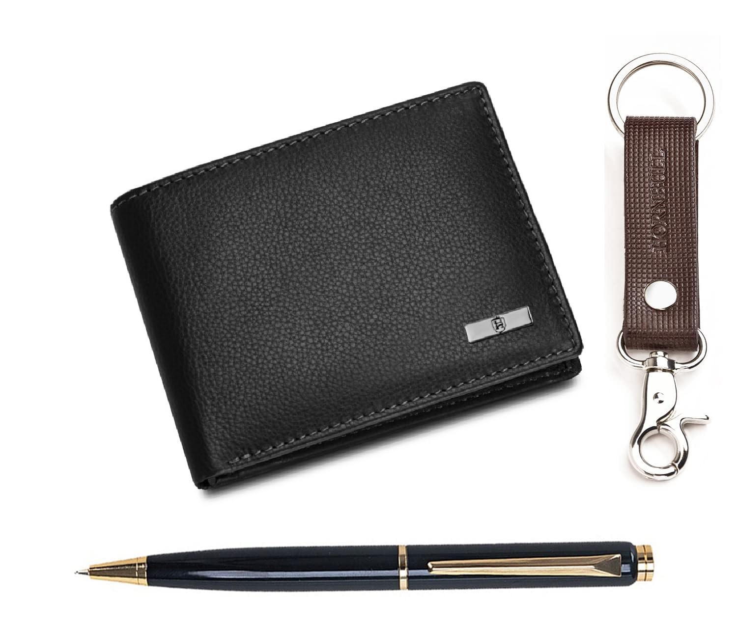 HORNBULL Black Maddison Leather Wallet for Mens, Keyring & Pen Combo Gift Set for Men | Wallet Men Leather Branded