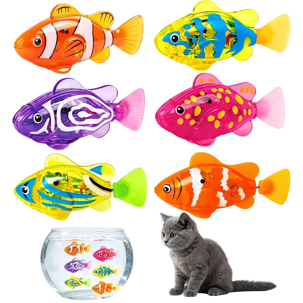 HIULLEN 6 Pcs Electronic Pet Fish, Swimming Robot Fish Toy, Sensors Activated Swimming Fish Bath Toy, Electronic Light Up Fish Toy for Cats and Dogs Play and Bath Time Fun
