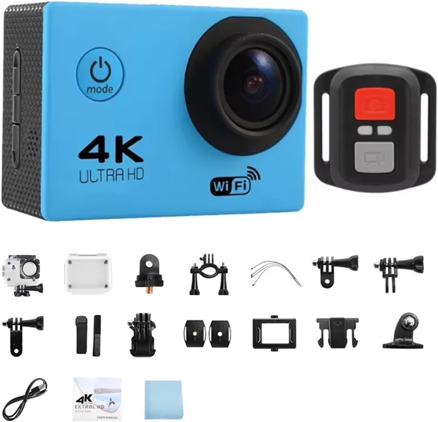 2.0" Action Camera Ultra HD 4K 30FPS WiFi Underwater Cameras Waterproof Helmet Bicycle Video Recording Cameras Outdoor Sport Cam(Add 64GB,Blue)