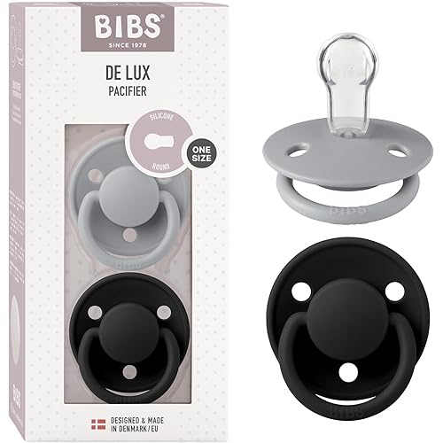 BIBS Pacifiers - De Lux Collection | BPA-Free Baby Pacifier | Made in Denmark | Set of 2 Cloud/Black Color Premium Soothers | Size One Size