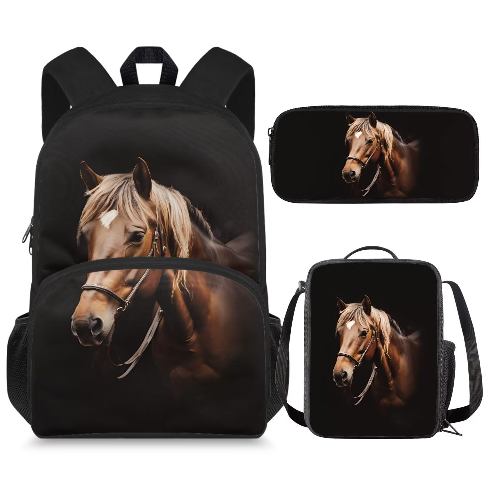 Cugasmaru Horse Backpack for Boys Black Horse Backpack and Lunchbox Set Girls Backpacks Ages 8-10 17 inch Lightweight School Bag for Elementary 4th