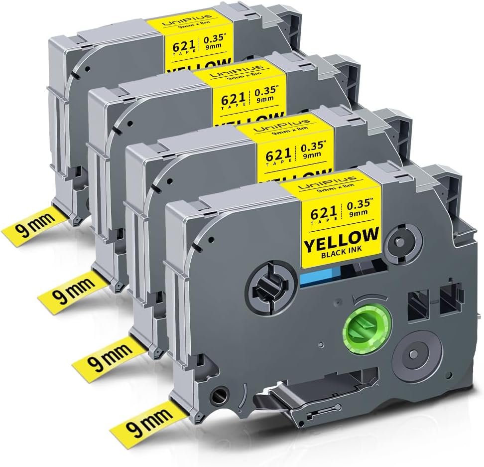 UniPlus Compatible TZe Black on Yellow Label Tape Replacement for Brother Tze Tape 9mm Tze-621 Tze621 Tz-621 Tz621 Work with PT-D210 GL200 PT-H300 1005 H107 1000 PT-1010 PT-1280 PT-E110, 4-Pack