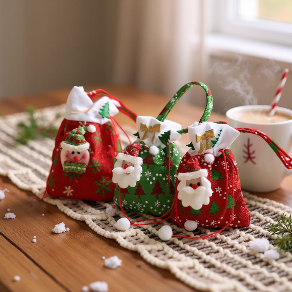 Moira Christmas Gift Bags Set, Festive Santa Snowman Reindeer Design, Red Green Beige Plush Drawstring Bags, 23 x 20 cm, Pack of 3, Holiday Party Decorations and Gift Packaging 1