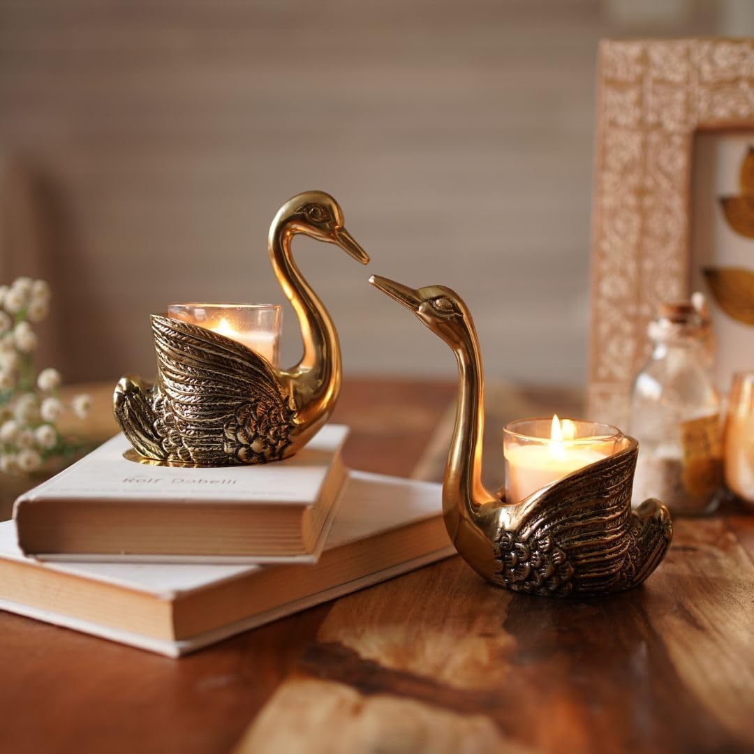 Metal Pair of Swans for Good Luck and Love | Candle Holder for Home Decor Tabletop Living Room Office | Showpiece Vastu Statue for Gifting (Candles/Plants Etc Not Included), Gold