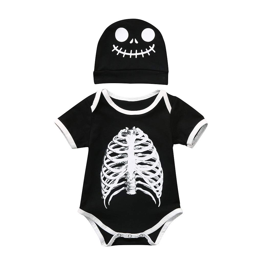 Toddler Romper Outfits Sets,Fineser Newborn Baby Girls Halloween Clothes Short Sleeve Cartoon Skull Romper Bodysuit+Cap